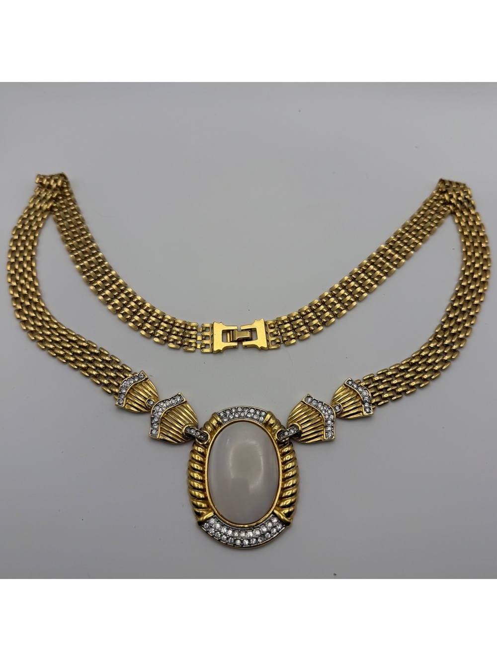 Vintage Butler Fifth Avenue Gold Tone Rhinestone White Cabochon Necklace Signed